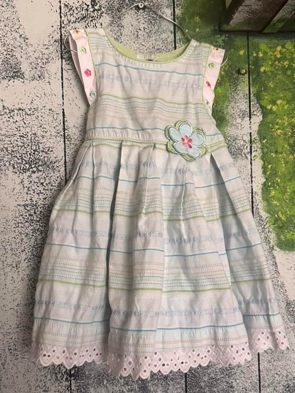 Blueberi Boulevard White Dress with Pastel Stripes and Flower Appliqué